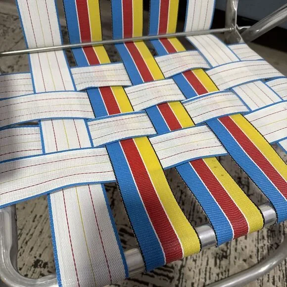Vintage Rainbow Striped Mesh Web Aluminum Folding Lawn Chair 1970s Sun Terrace - Picture 8 of 13